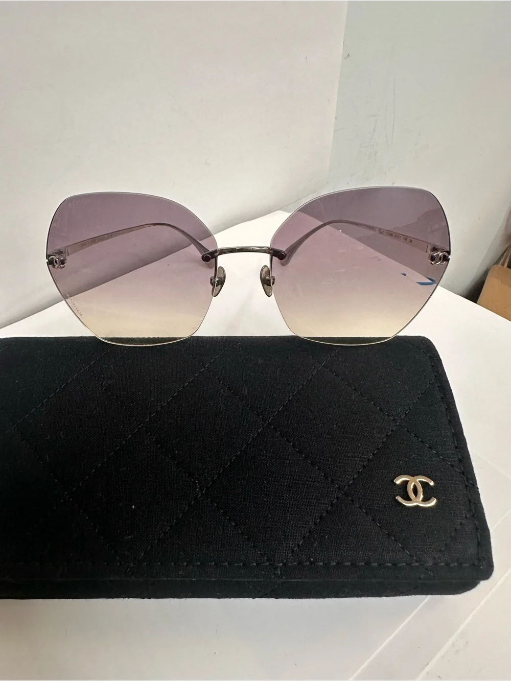 CHANEL Purple Gradient Rimless Sunglasses with Black Quilted Case